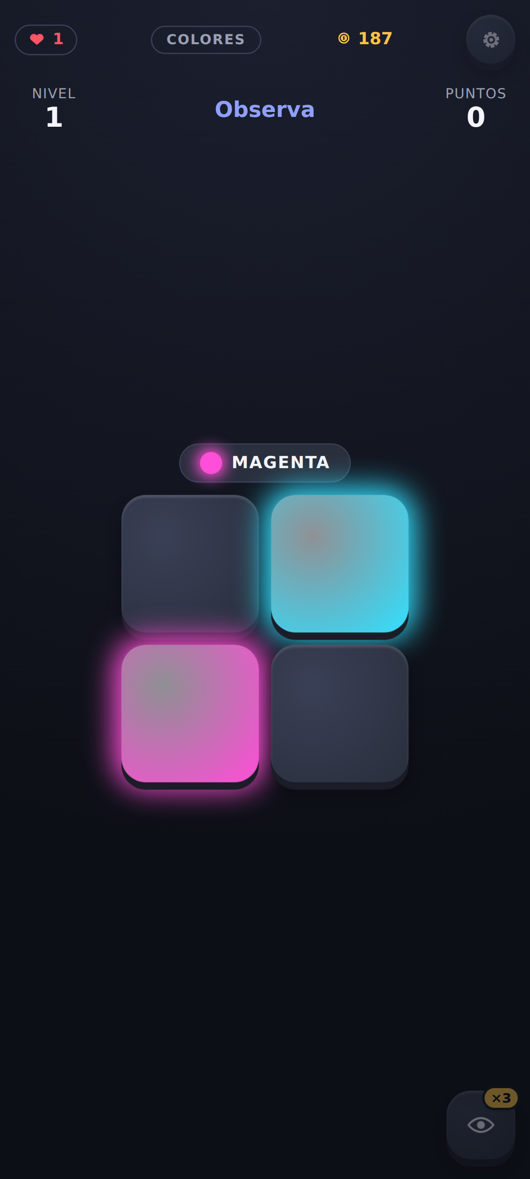 Modo Colores — memorizando un patrón de colores brillante