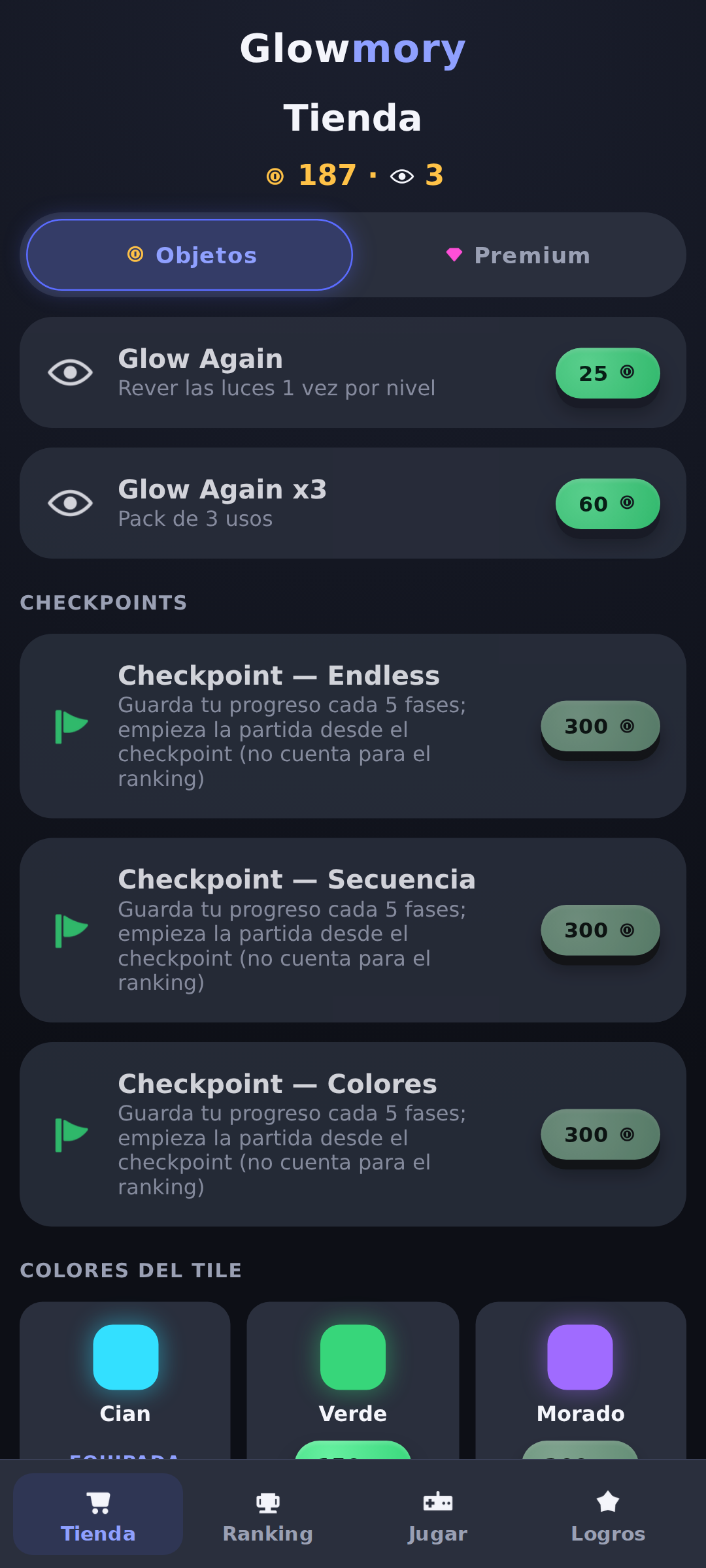 Tienda del juego con colores de tile coleccionables y puntos de control